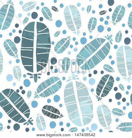Vector Seamless Watercolor Pattern with Feathers and Blobs. Isolated on White. Clipping paths included.