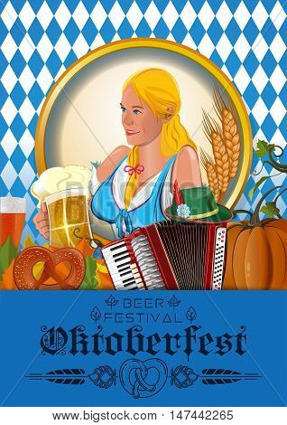 Poster for Oktoberfest. German cute girl waitress in traditional clothes holding yellow beer mugs. Oktoberfest design. Beer festival. Vector illustration