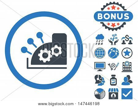 Cash Register icon with bonus images. Vector illustration style is flat iconic bicolor symbols, smooth blue colors, white background.