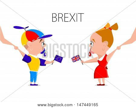 Brexit. Boy and girl holding flags. Flat illustration. Vector