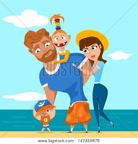 happy family. family on vacation. cute kids happy on holiday with their parents. Vector illustration