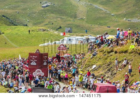 Col du Glandon France - July 23 2015: Banette caravan during the passing of the Publicity Caravan on Col du Glandon in Alps during the stage 18 of Le Tour de France 2015. Banette is the leading brand for the artisan bread in France.