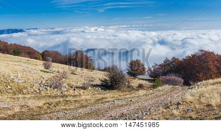 Crimean autumnal landscape - view from Babuhan Yaila natural reserve down to Black Sea