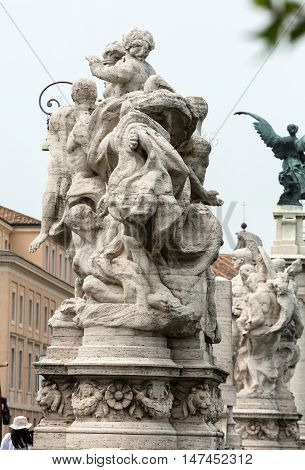 ROME, ITALY - JUNE 12, 2015: Sculpture at Vittorio Emanuele II Bridge Rome Italy.