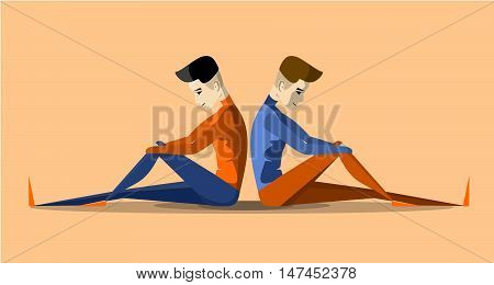 Two sad guy sitting on the floor. Flat illustration. Vector.