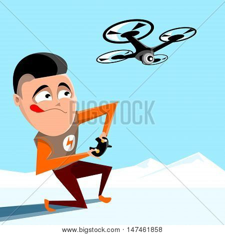 Boy controling quadrocopter. Drone hovering in the sky above mountains