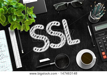 SSL Handwritten on Black Chalkboard. Top View of Black Office Desk with a Lot of Business and Office Supplies on It. 3d Rendering.