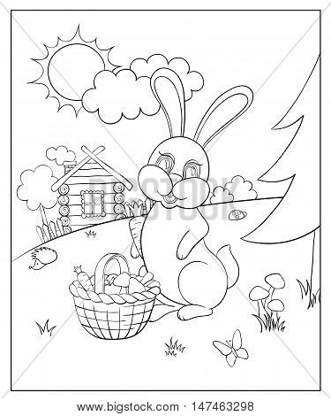 Vector illustration Coloring for kids with rabbit to collect mushrooms and carrots. Blank outline in the book for children background