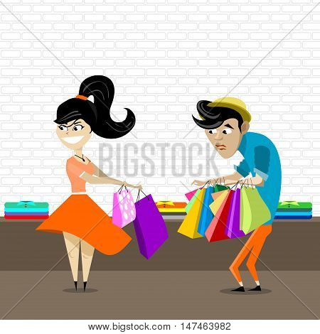 boyfriend walking carrying shopping bags of his girlfriend. Flat illustration