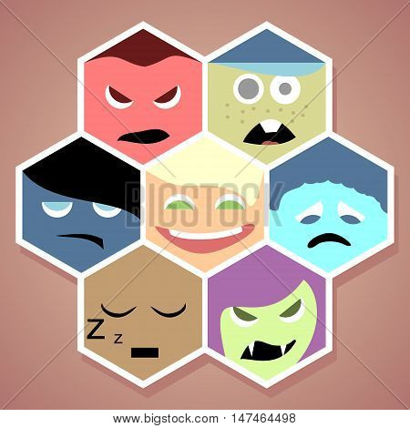 Vector cartoon style smiles with different emotions
