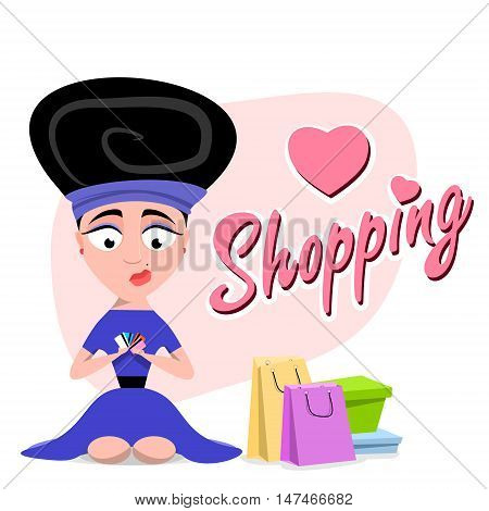 woman holding a credit card. inscription shopping. Flat illustration. Vector