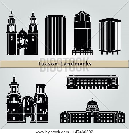 Tucson landmarks and monuments isolated on blue background in editable vector file