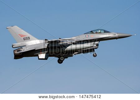 LEEUWARDEN THE NETHERLANDS - Royal Norwegian Air Force F-16 fighter jet landing on Leeuwarden airbase.