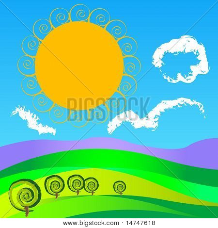 Minimalist rendition of landscape with sun and hills â VECTOR