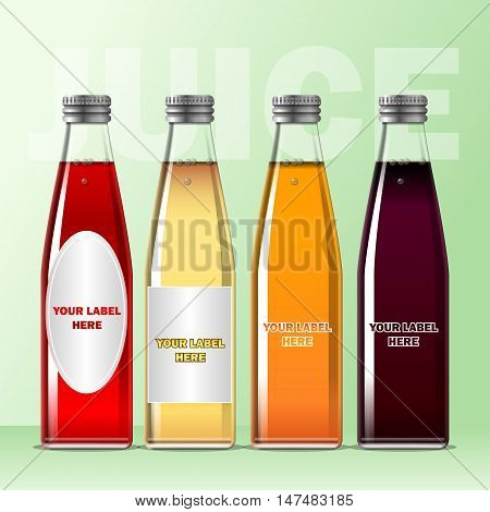 Vector set of transparent glass or plastic orange, burgundy, yellow and red liquid bottle with caps for juice mockup ready for your design