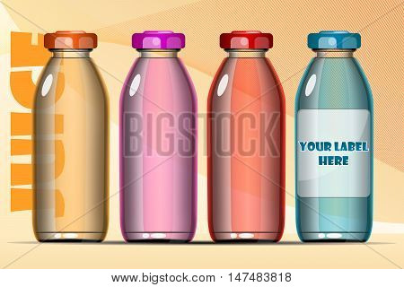 Vector set of transparent glass or plastic orange, blue, red and pink liquid bottle with caps for juice mockup ready for your design