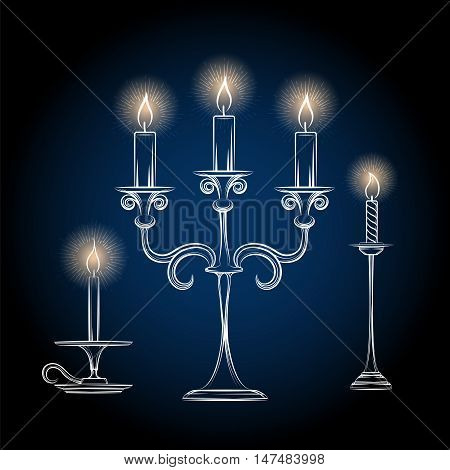 Hand drawn gothic antique chandeliers sketch with light - chandeliar sketch vector illustration