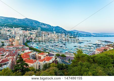 Cityscape of La Condamine and Port Hercule, Monaco-Ville, The Kingdom of Monaco. Cote d'Azur