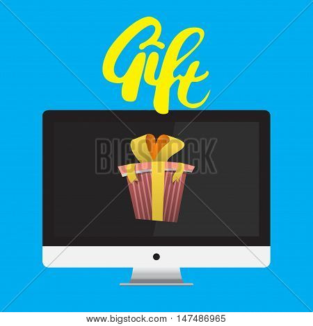 Vector Monitor With Gift Ribbon isolated on blue background