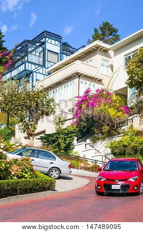 San Francisco USA - September 24 2015: Cars climbing in Lombard street (the crookedest street of the city)