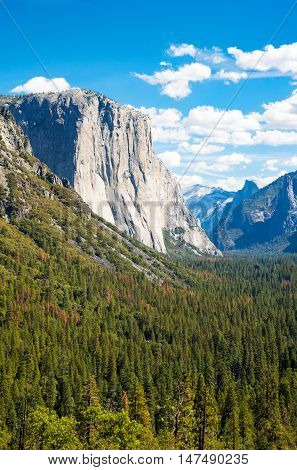 Yosemite National Park California panoramic view of the valley with the El Capitan and the Cathedral Spires mountains
