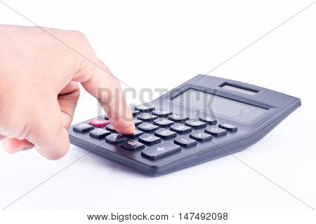 finger hand put button calculator for calculating the numbers accounting accountancy business   on white background  isolated