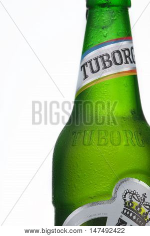 MINSK, BELARUS-AUGUST 23, 2016. Tuborg is a Danish brewing company founded in 1873 by Carl Frederik Tietgen. Since 1970 it has been part of the Carlsberg Group. The brewery was founded in Hellerup (Gentofte Municipality) a part of northern Copenhagen Denm