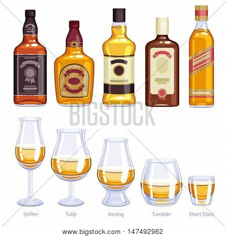 Whisky bottles and glusses icons set. Alcohol vector illustration. Snifter, tulip, nosing, tumbler, short glasses