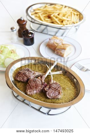 Lamb Chop butter sauce with french fries and Bread