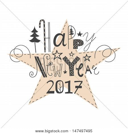 Vector hand drawn lettering sign Happy New Year 2017. Text design for greetings, card, invintations or postcards. Funny hand drawn font. Calligraphy collection.