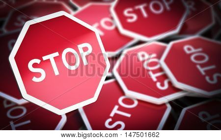 3D illustration of many stop sign with blur effect Concept of protest or opposition.