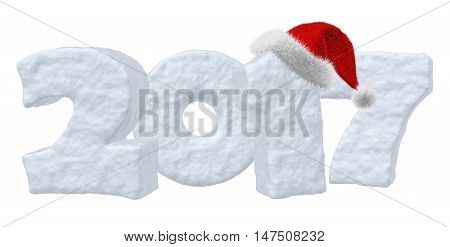 Happy New Year creative holiday concept - 2017 new year sign text written with numbers made of snow with Santa Claus fluffy red hat New Year 2017 winter snow symbol 3d illustration isolated on white