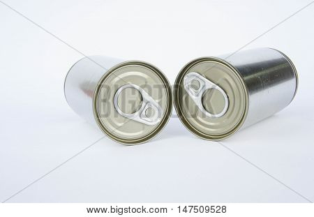 pop-top lid cans on white background Packaging cans Tin can easy open ends for beverage and food packaging Tin containers chemicals.