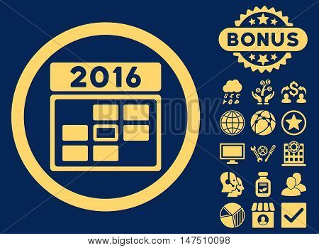 2016 Date icon with bonus pictures. Vector illustration style is flat iconic symbols, yellow color, blue background.