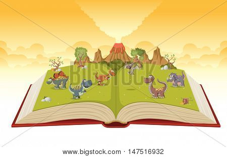 Open book with volcano and funny cartoon dinosaurs. Prehistoric nature landscape. 
