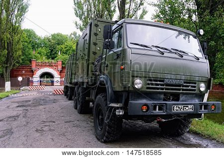 BALTIYSK, RUSSIA - AUGUST 22, 2016: Russian Army Trucks KamAZ in the Front of the Pillau Citadel on August 22, 2016 in in Baltiysk, Kaliningrad Region, Russia. A Military Unit is Stationed in the Fortress.
