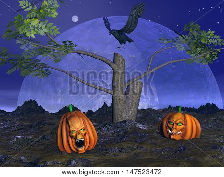 Halloween pumpkins, dead tree and crow raven by night with full moon - 3D render
