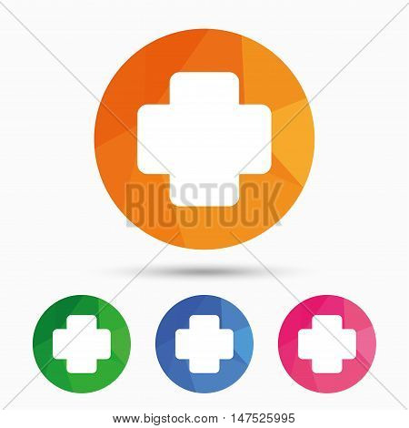 Medical cross sign icon. Diagnostics symbol. Triangular low poly button with flat icon. Vector