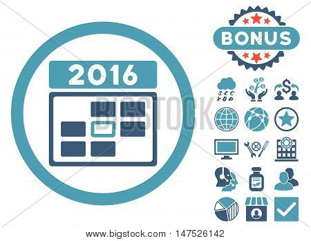 2016 Date icon with bonus design elements. Vector illustration style is flat iconic bicolor symbols, cyan and blue colors, white background.