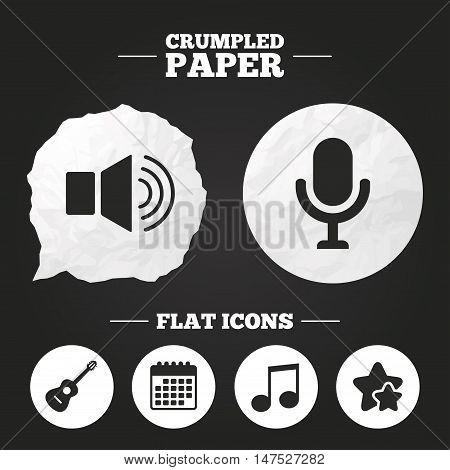 Crumpled paper speech bubble. Musical elements icons. Microphone and Sound speaker symbols. Music note and acoustic guitar signs. Paper button. Vector
