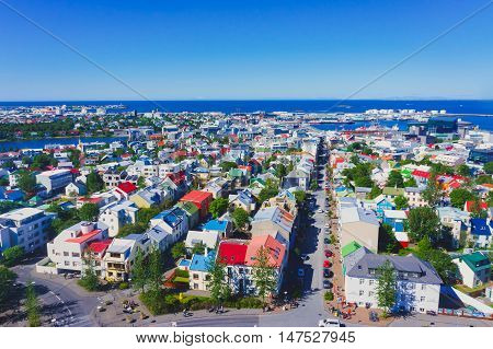 Beautiful Super Wide-angle Aerial View Of Reykjavik, Iceland With Harbor And Skyline Mountains And S