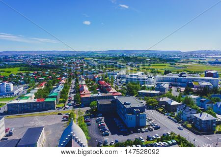 Beautiful Super Wide-angle Aerial View Of Reykjavik, Iceland With Harbor And Skyline Mountains And S