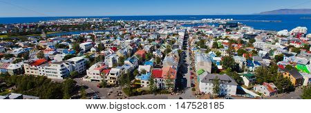 Beautiful Super Wide-angle Aerial View Of Reykjavik, Iceland With Harbor And Skyline Mountains And S