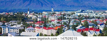 Beautiful Super Wide-angle Aerial View Of Reykjavik, Iceland With Harbor And Skyline Mountains And S