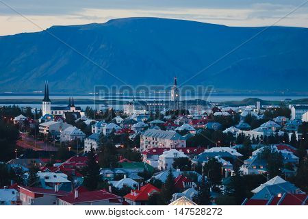 Beautiful Super Wide-angle Aerial View Of Reykjavik, Iceland With Harbor And Skyline Mountains And S