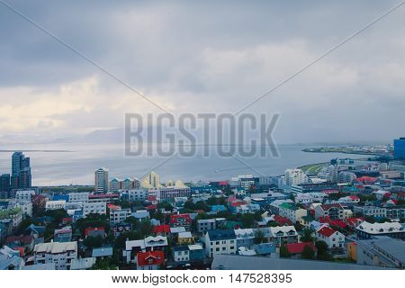 Beautiful Super Wide-angle Aerial View Of Reykjavik, Iceland With Harbor And Skyline Mountains And S