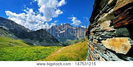 ancient alpien architecture stone masonry in mountain Aosta Valley