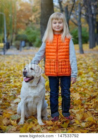 A beautiful girl and her dog Labrador retriever posing in autumn park. Yellow and orange leaves around.