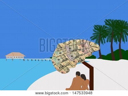 Couple Sitting Under a Parasol covered with money