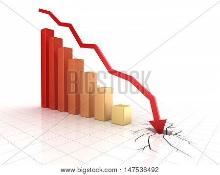 Red arrow collapsing and breaking through the ground This is a 3d computer generated image. Isolated on white.